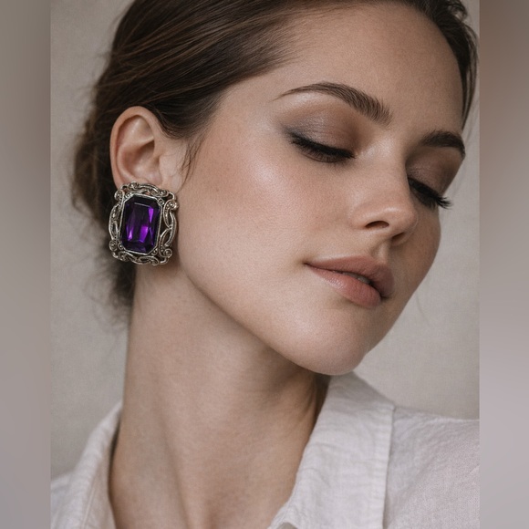 Vintage Jewelry - Vintage Purple Faceted Statement Clip-On Earrings Silver Tone Ornate
